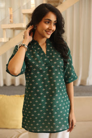Green Floral Print Cotton Shirt Collar Top for Women - SanskrutiHomes 