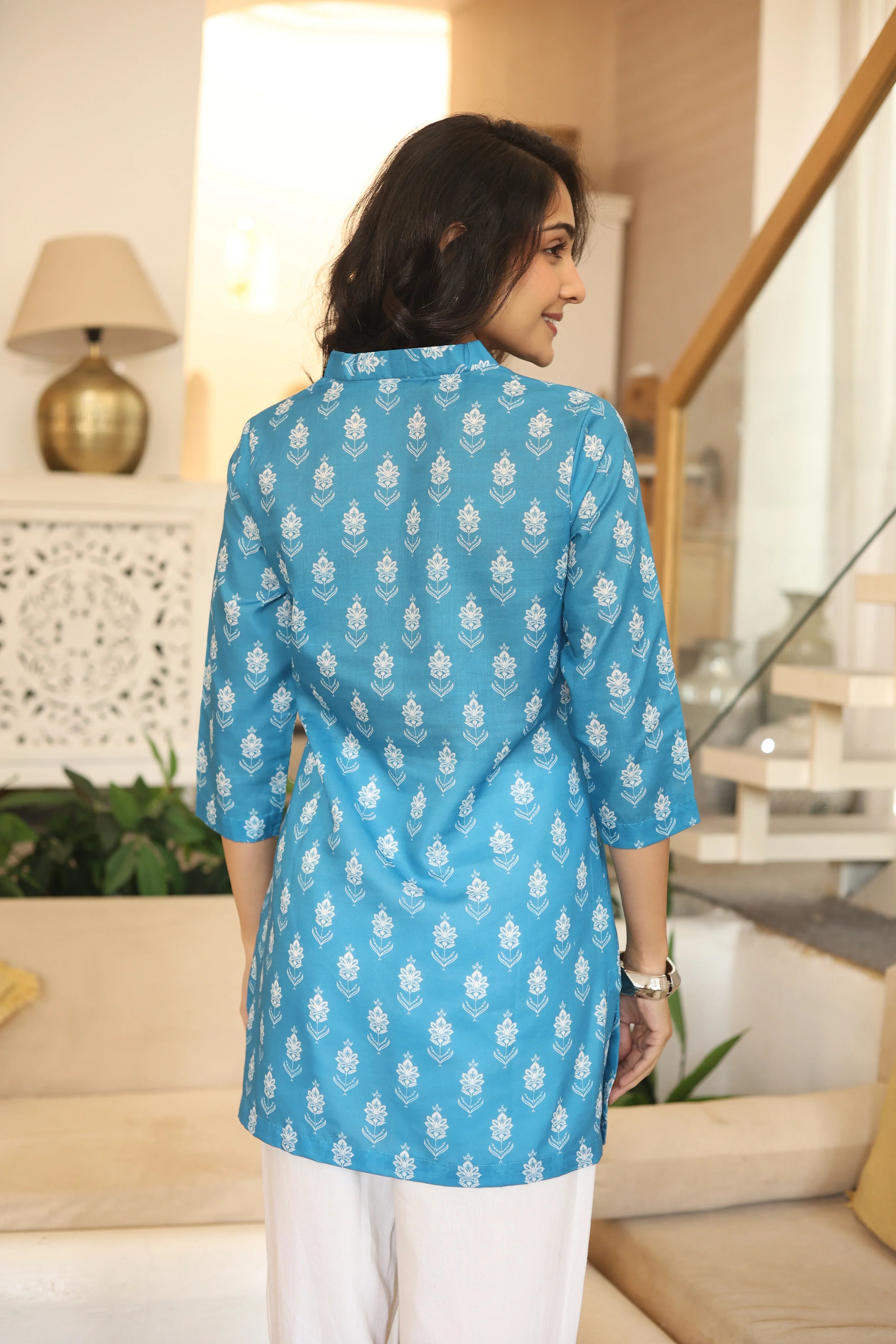 Blue Solid Cotton V-Neck Top for Women - SanskrutiHomes 