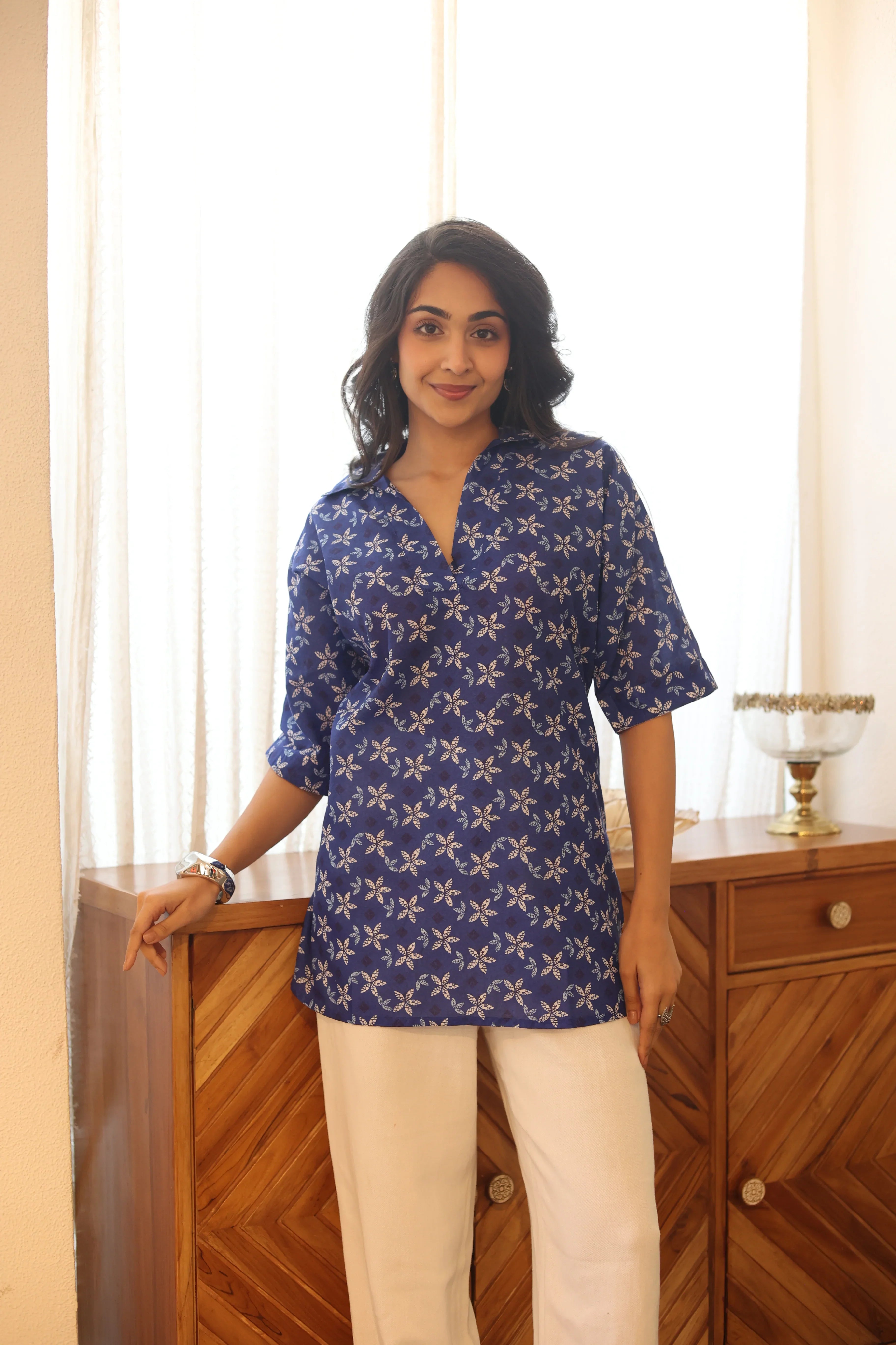 Blue Floral Print Cotton Shirt Collar Top for Women - SanskrutiHomes 