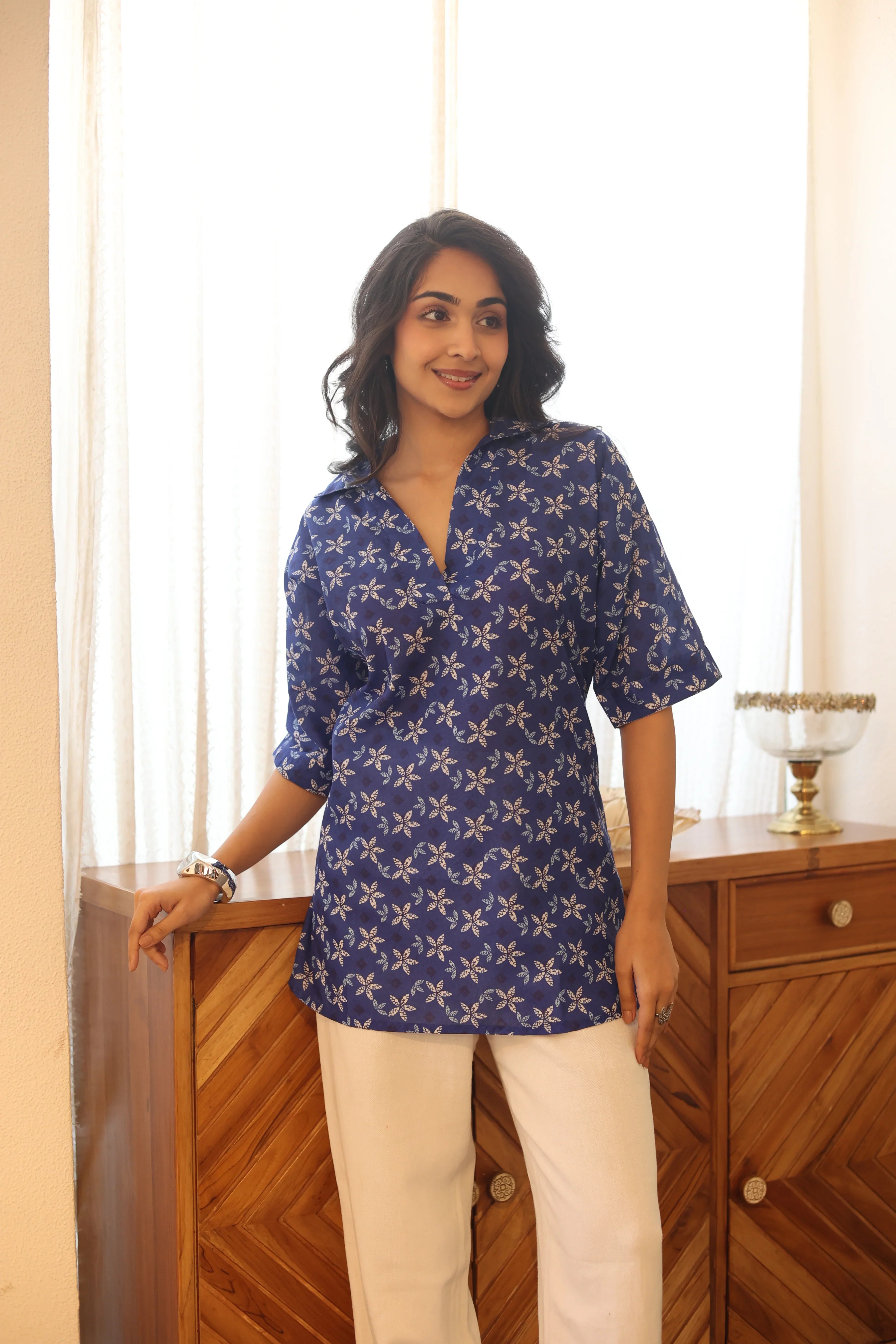 Blue Floral Print Cotton Shirt Collar Top for Women - SanskrutiHomes 