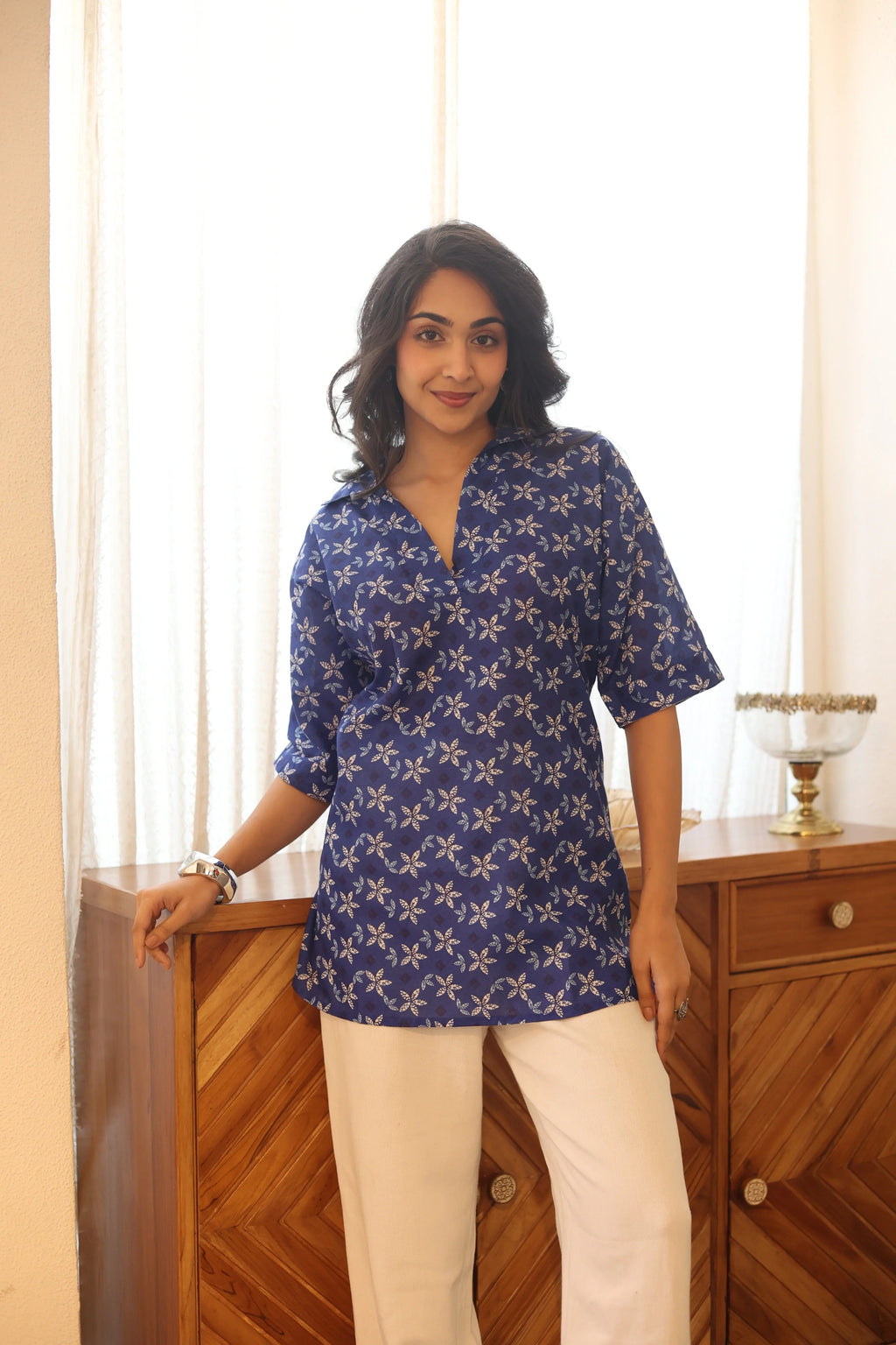 Blue Floral Print Cotton Shirt Collar Top for Women - SanskrutiHomes 