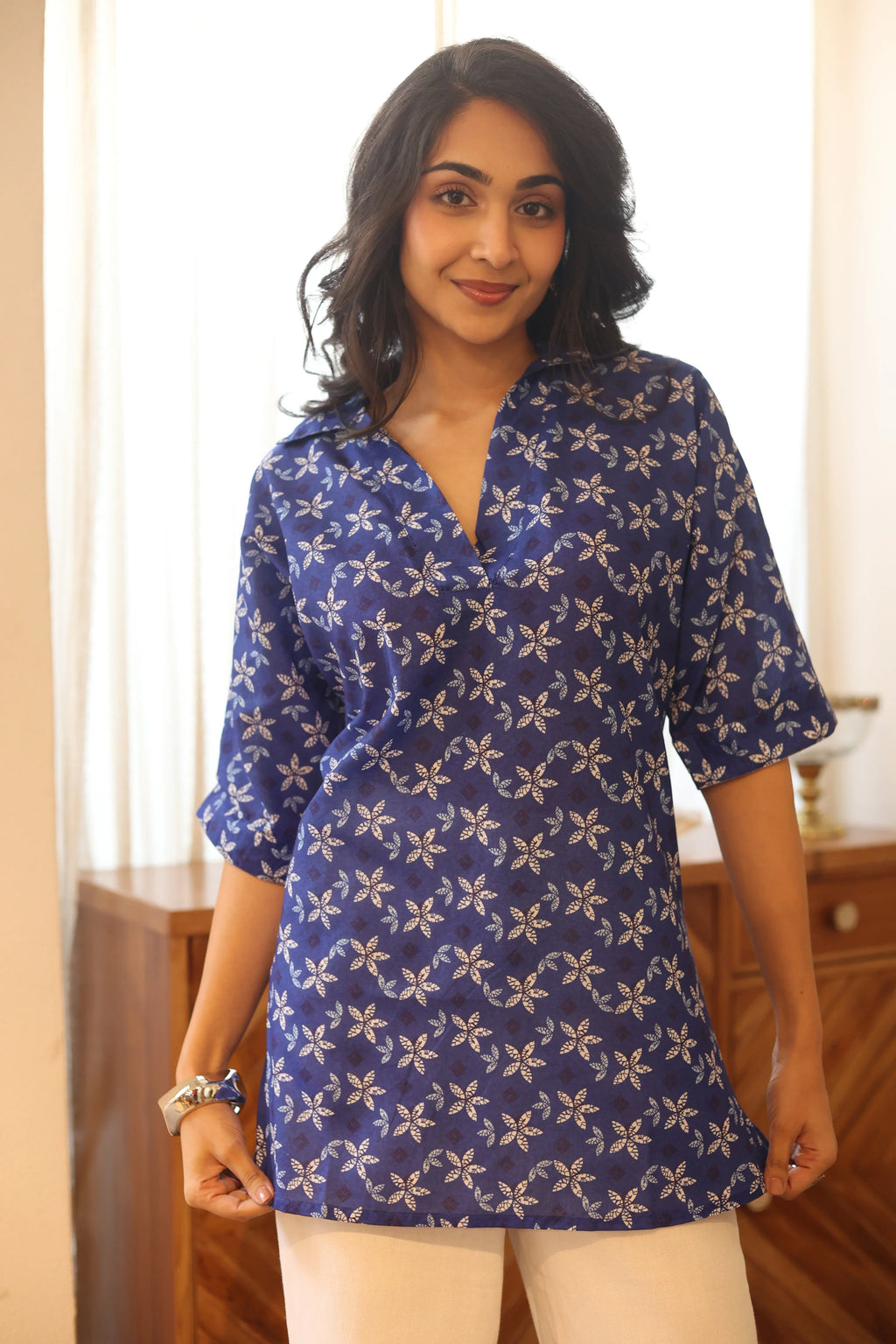 Blue Floral Print Cotton Shirt Collar Top for Women - SanskrutiHomes 
