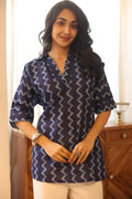 Navy Blue Geometric Cotton Shirt Collar Top for Women - SanskrutiHomes 