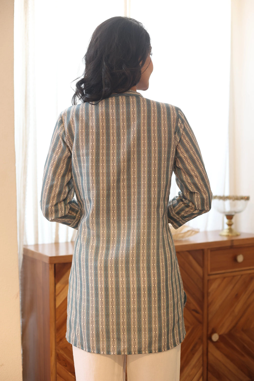 Sea Green Printed Cotton Round Neck Top for Women - SanskrutiHomes 