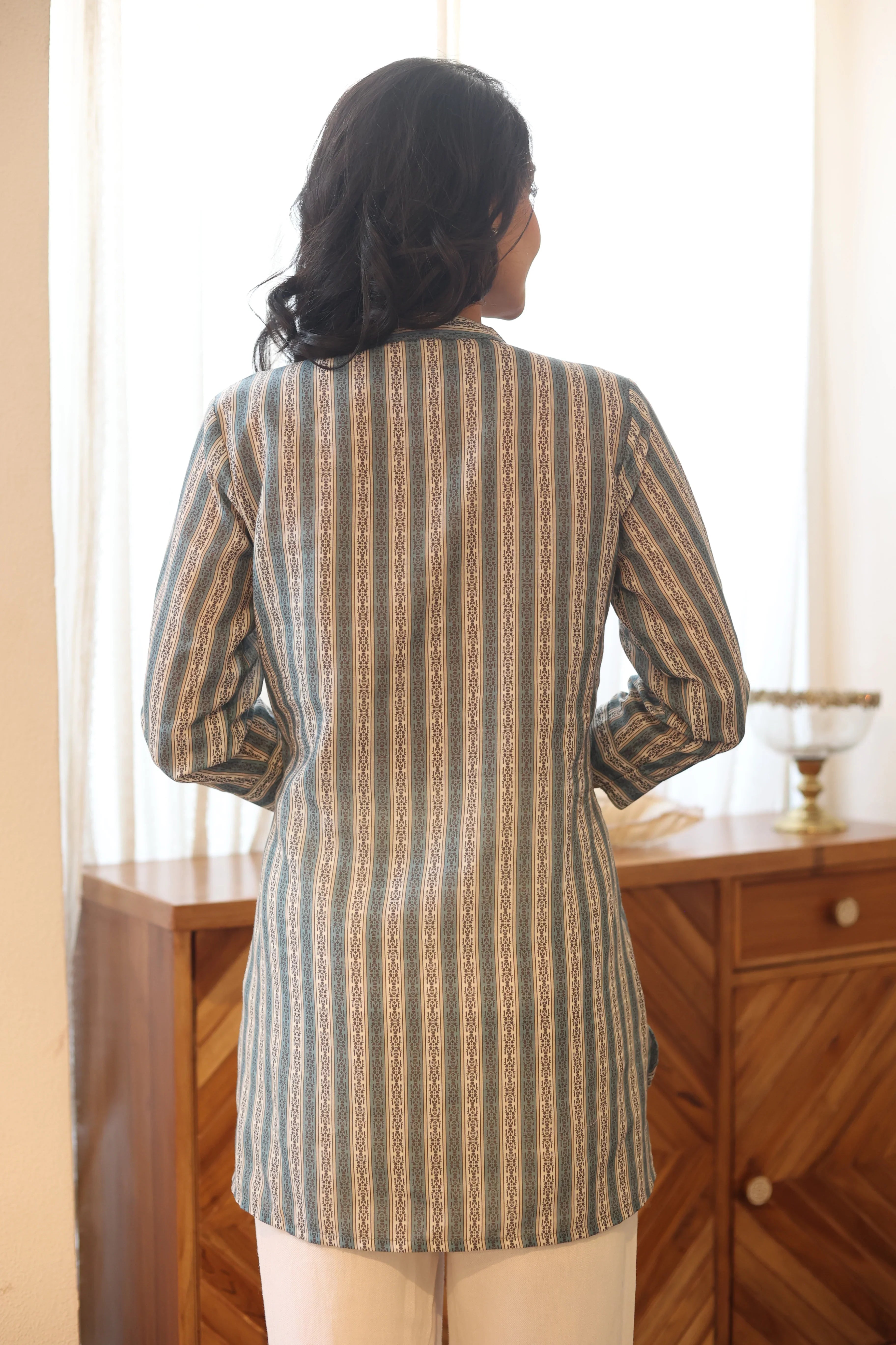 Sea Green Printed Cotton Round Neck Top for Women - SanskrutiHomes 