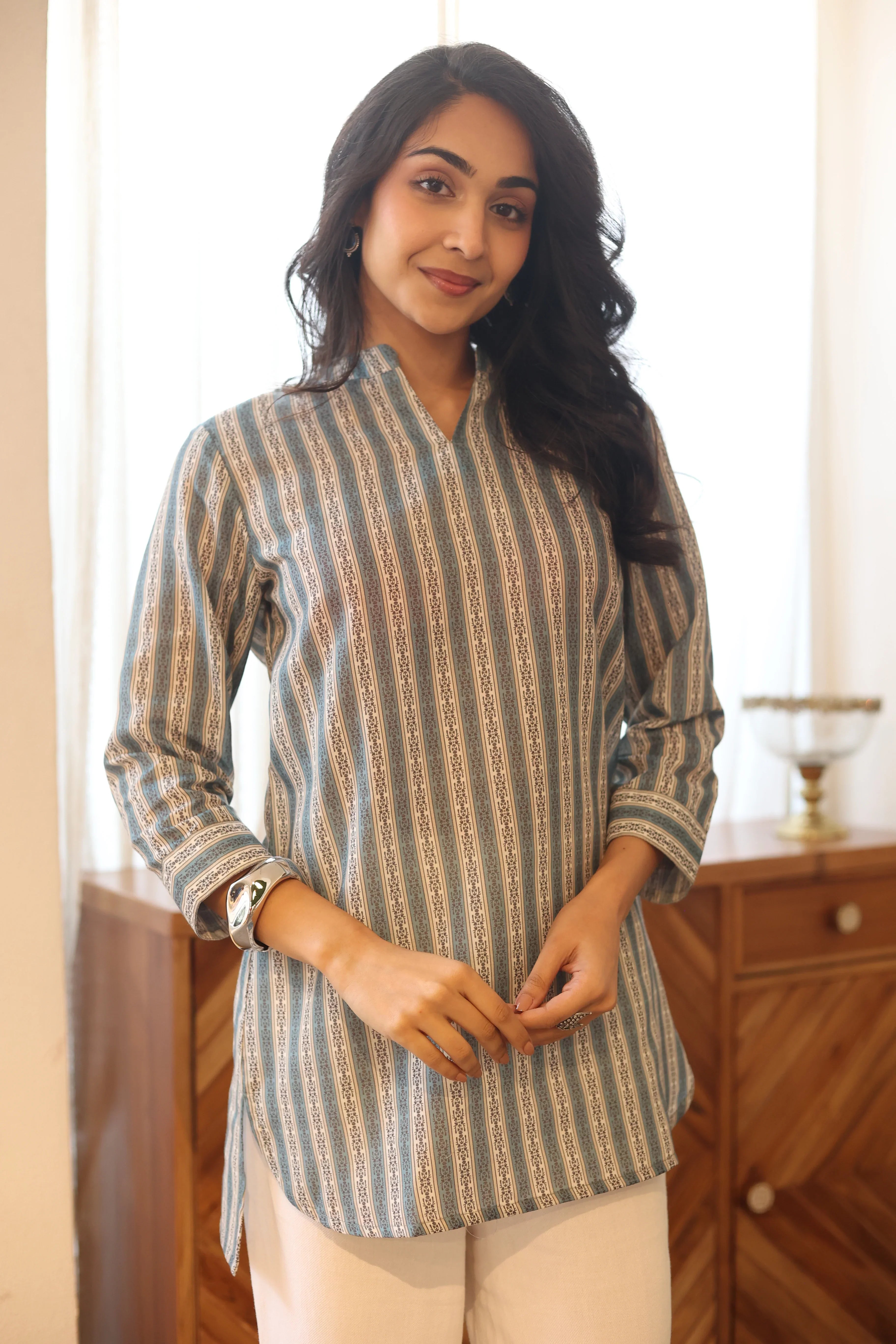 Sea Green Printed Cotton Round Neck Top for Women - SanskrutiHomes 