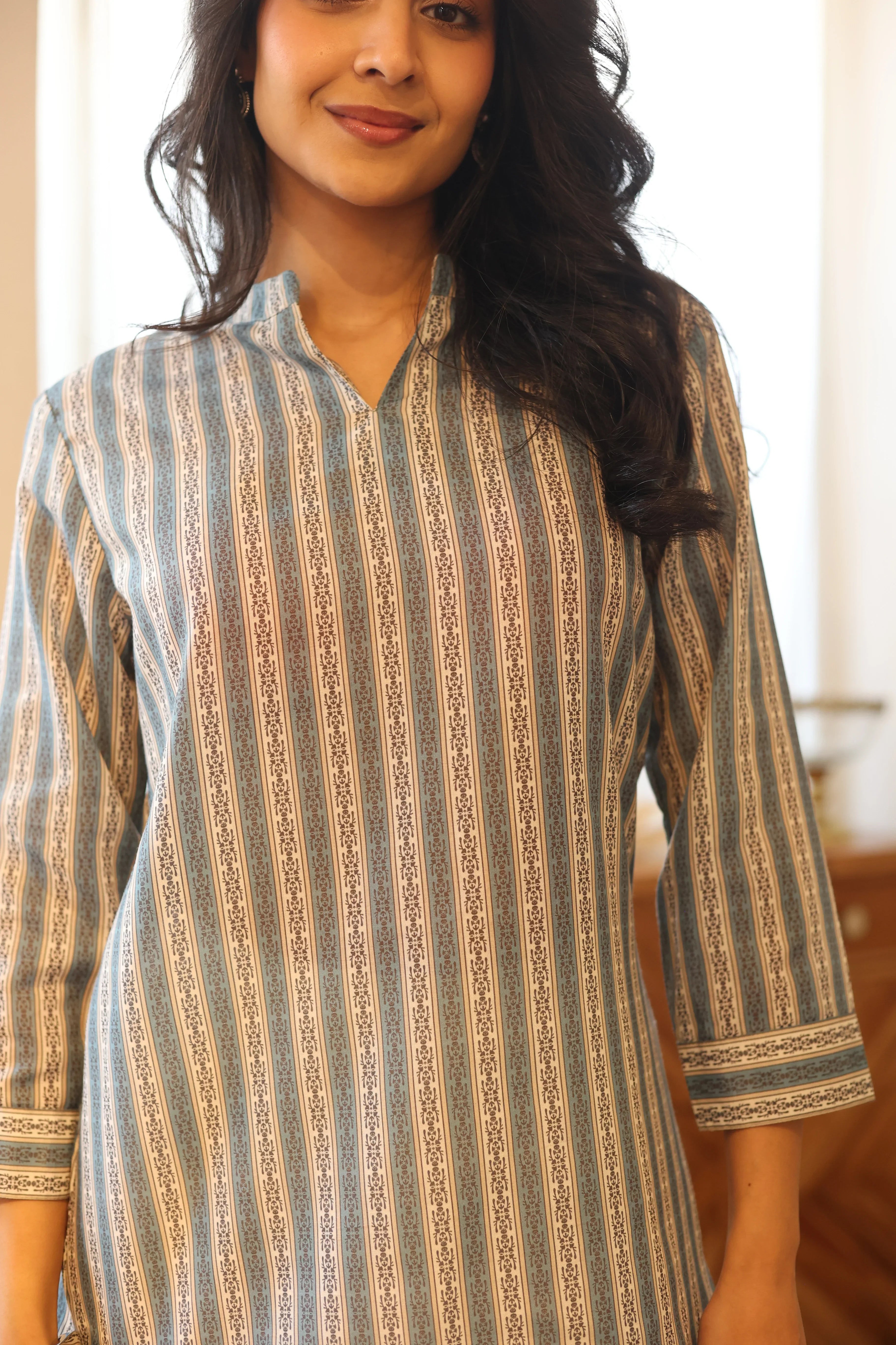 Sea Green Printed Cotton Round Neck Top for Women - SanskrutiHomes 