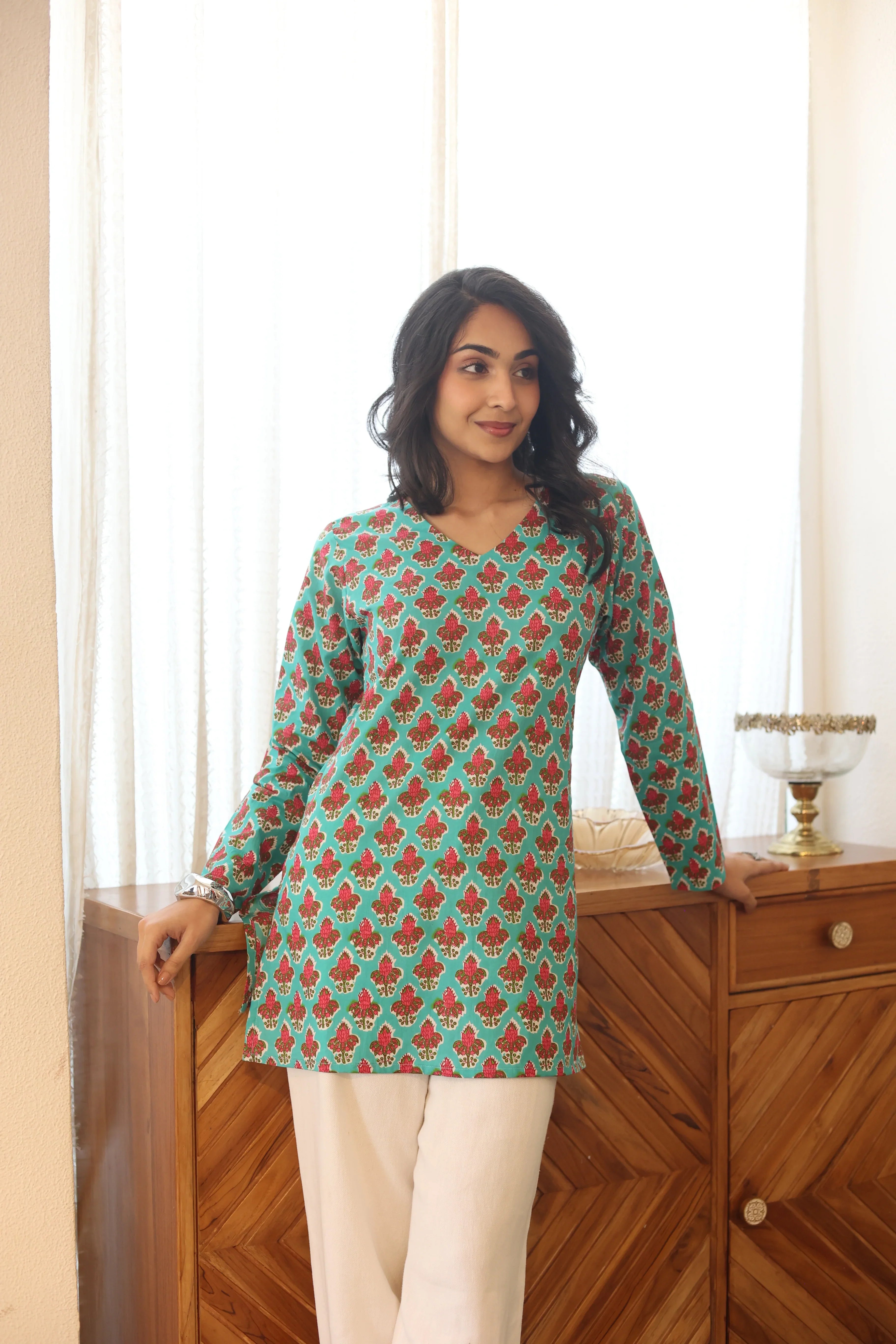 Sea Green Floral Print Cotton V-Neck Top for Women - SanskrutiHomes 