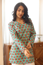 Sea Green Floral Print Cotton V-Neck Top for Women - SanskrutiHomes 