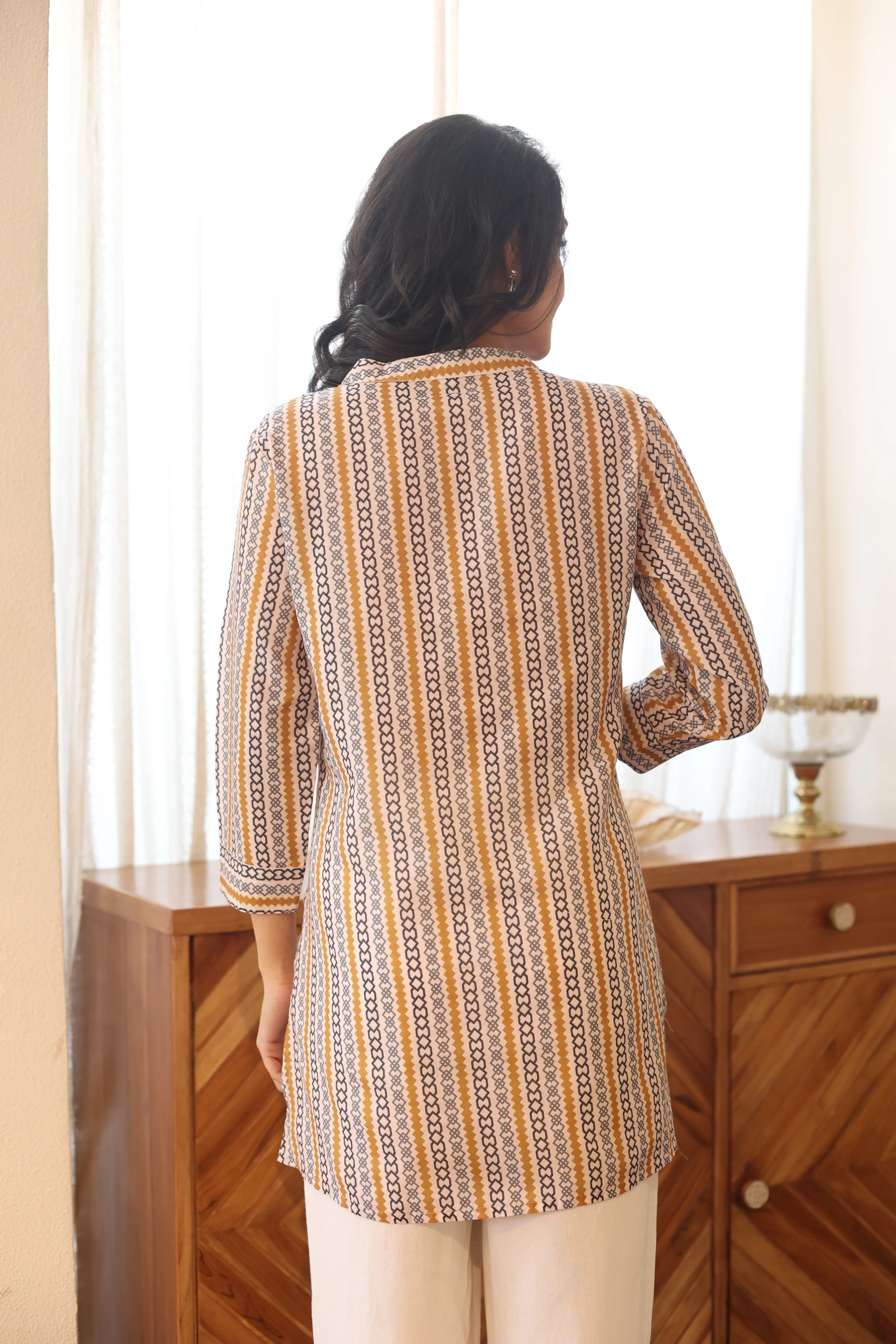 Off White Printed Cotton Mandarin Collar Top for Women - SanskrutiHomes 