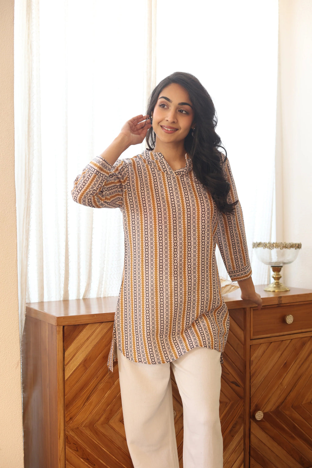 Off White Printed Cotton Mandarin Collar Top for Women - SanskrutiHomes 
