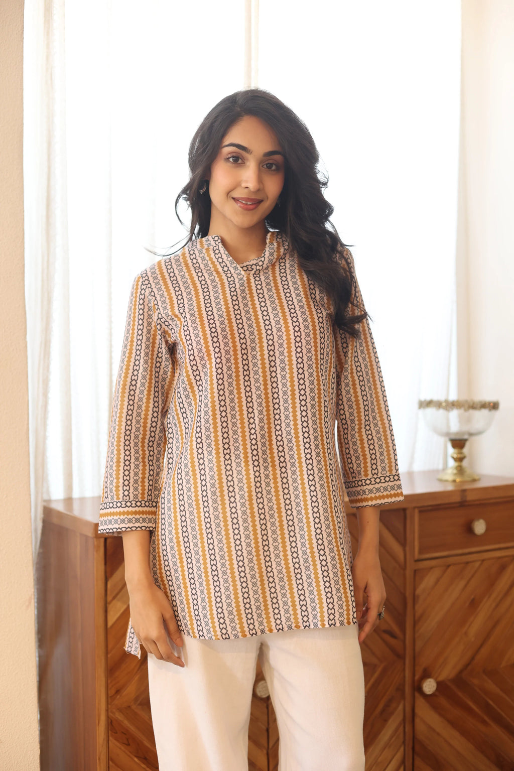Off White Printed Cotton Mandarin Collar Top for Women - SanskrutiHomes 