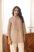 Off White Printed Cotton Mandarin Collar Top for Women - SanskrutiHomes 