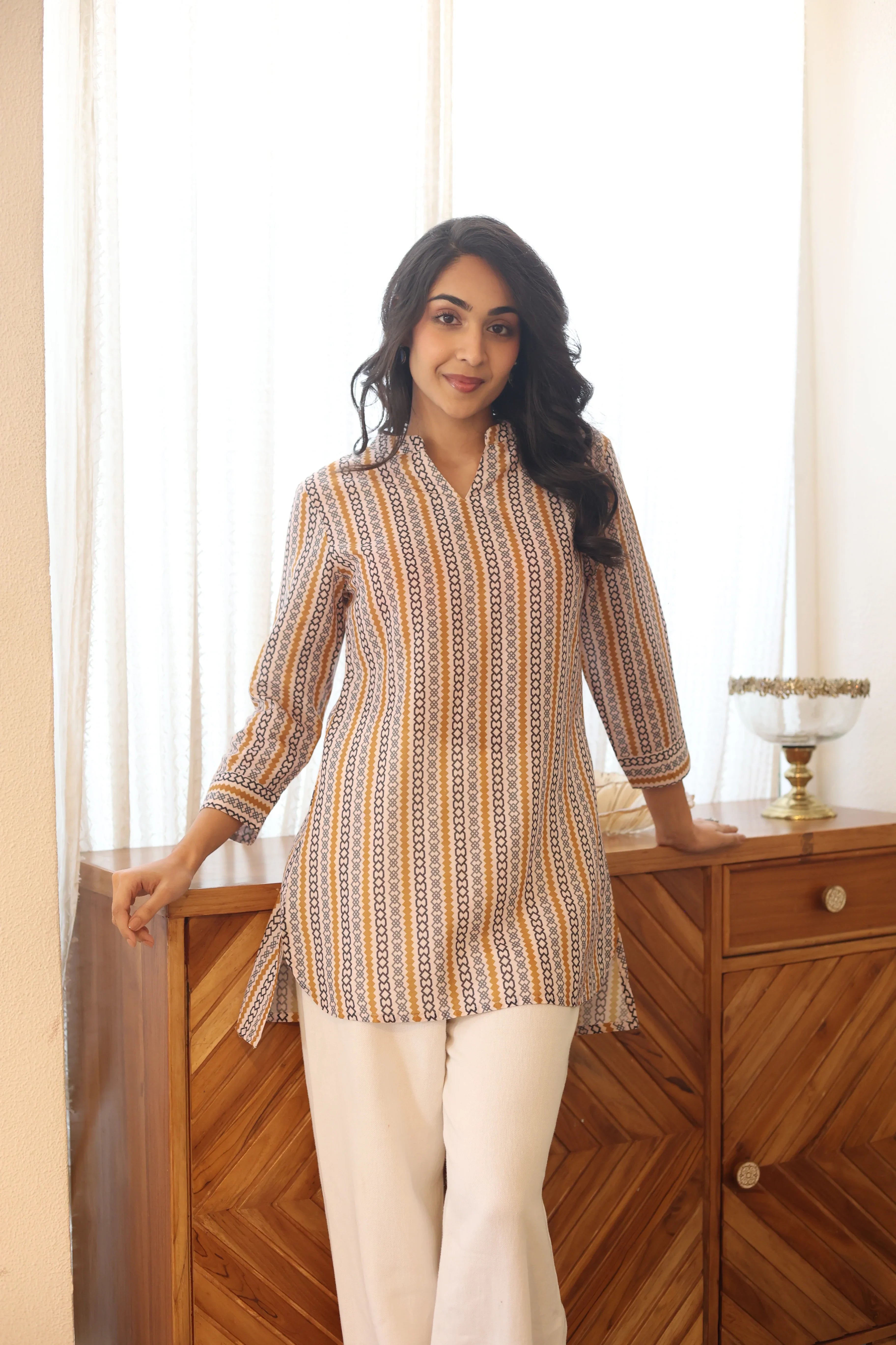 Off White Printed Cotton Mandarin Collar Top for Women - SanskrutiHomes 