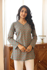 Sea green Cotton Floral Print V-Neck Top for Women - SanskrutiHomes 