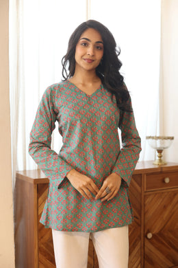 Sea green Cotton Floral Print V-Neck Top for Women - SanskrutiHomes 