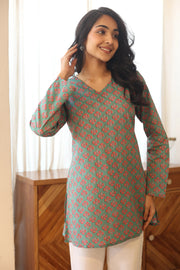 Sea green Cotton Floral Print V-Neck Top for Women - SanskrutiHomes 