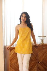 Yellow Geometric Print Cotton Square Neck Top for Women - SanskrutiHomes 