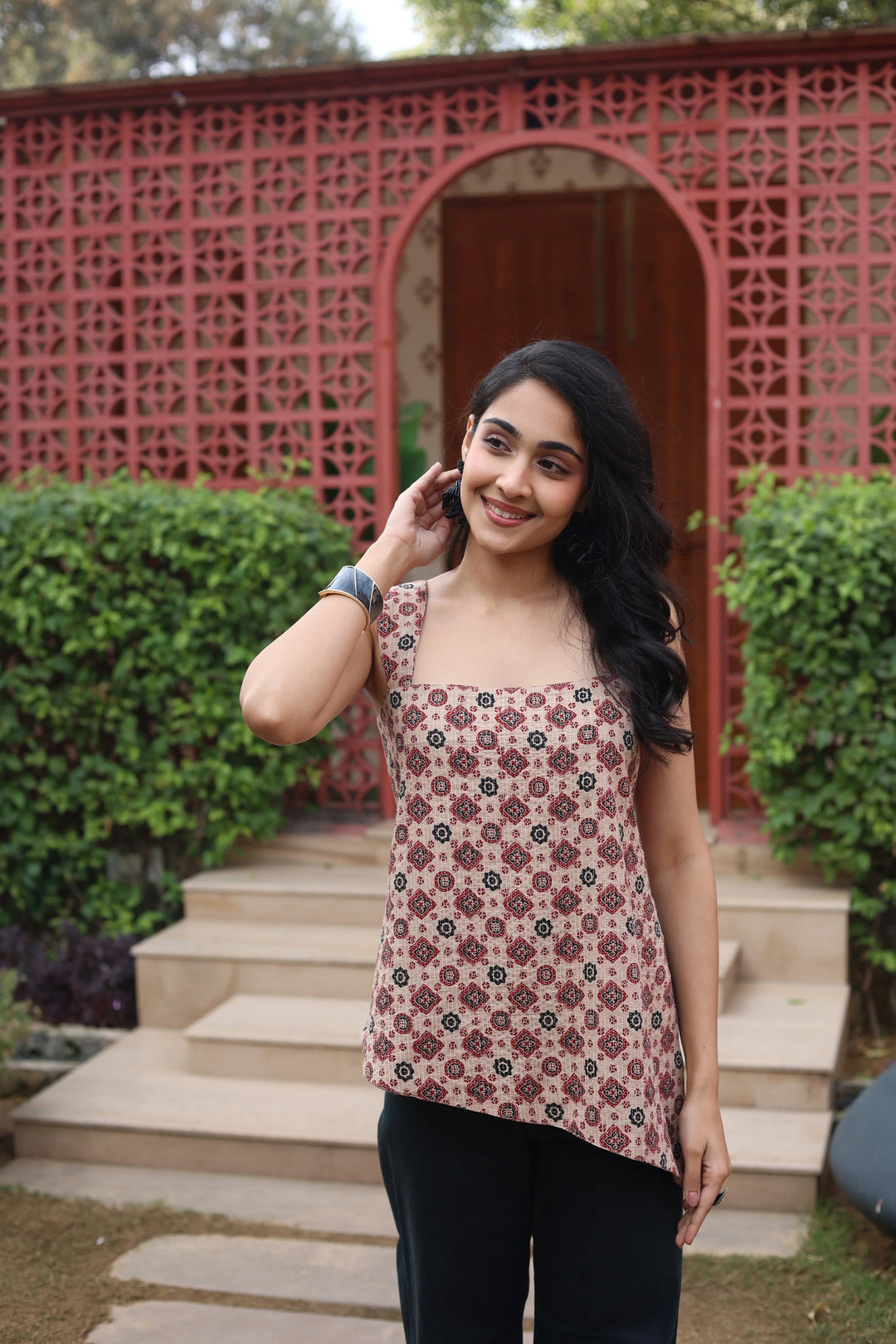 Brown Geometric Print Cotton Square Neck Top for Women - SanskrutiHomes 