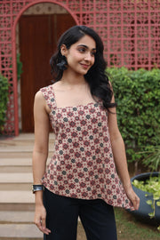 Brown Geometric Print Cotton Square Neck Top for Women - SanskrutiHomes 