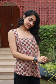 Brown Geometric Print Cotton Square Neck Top for Women - SanskrutiHomes 