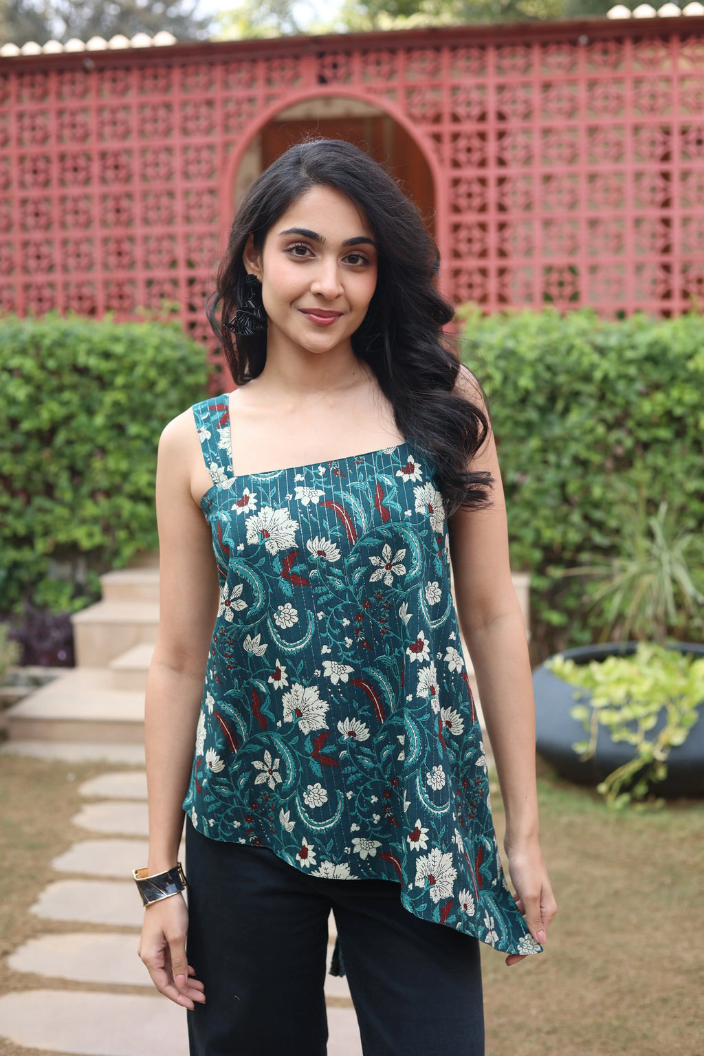 Green Floral Cotton Square Neck Top for Women - SanskrutiHomes 