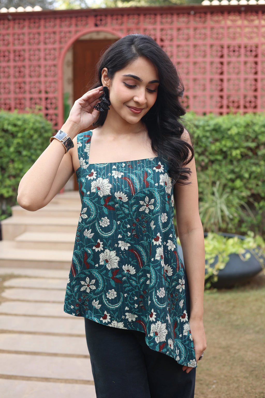 Green Floral Cotton Square Neck Top for Women - SanskrutiHomes 