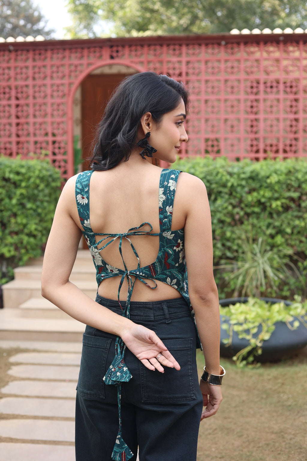 Green Floral Cotton Square Neck Top for Women - SanskrutiHomes 