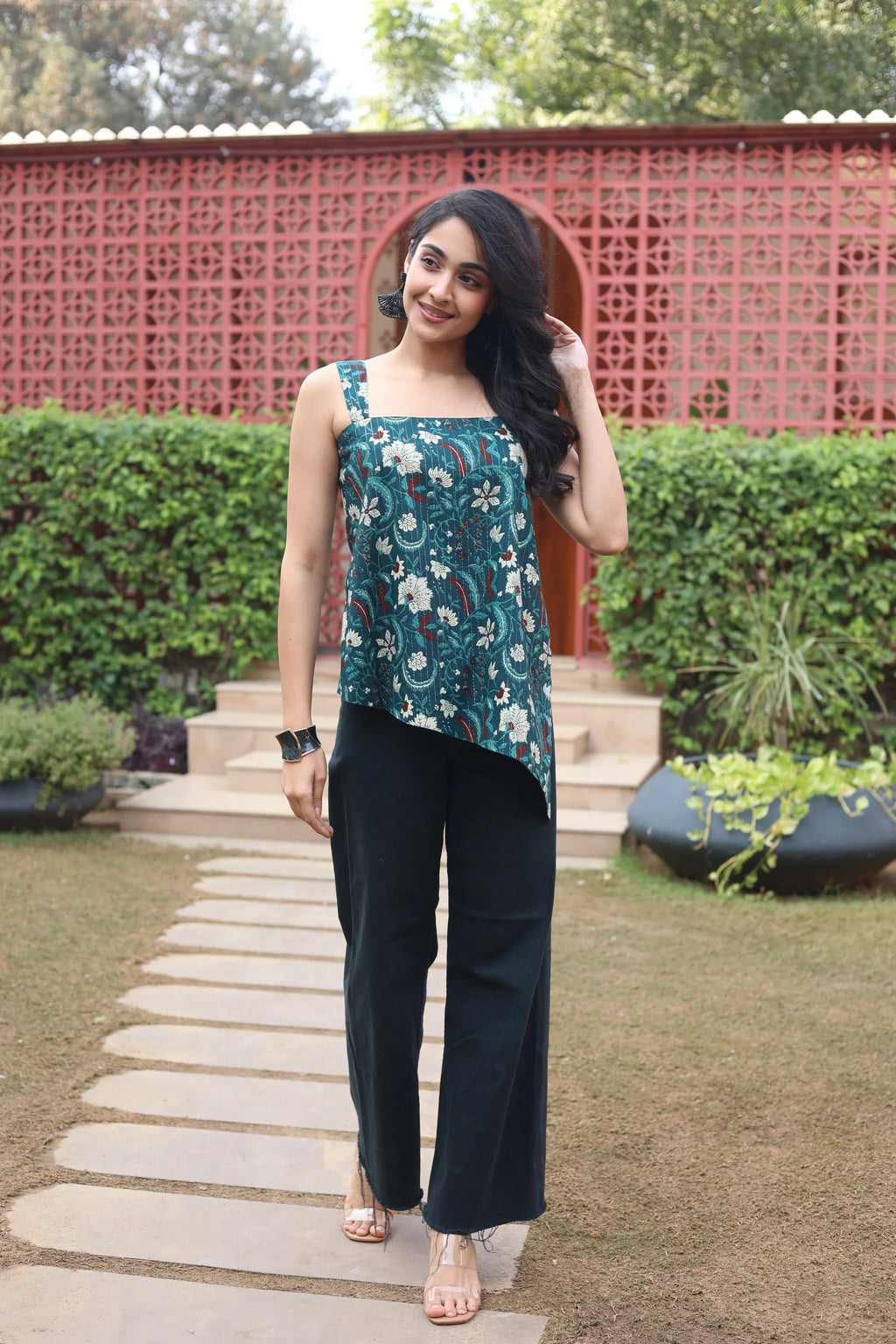 Green Floral Cotton Square Neck Top for Women - SanskrutiHomes 