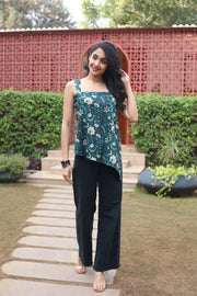 Green Floral Cotton Square Neck Top for Women - SanskrutiHomes 