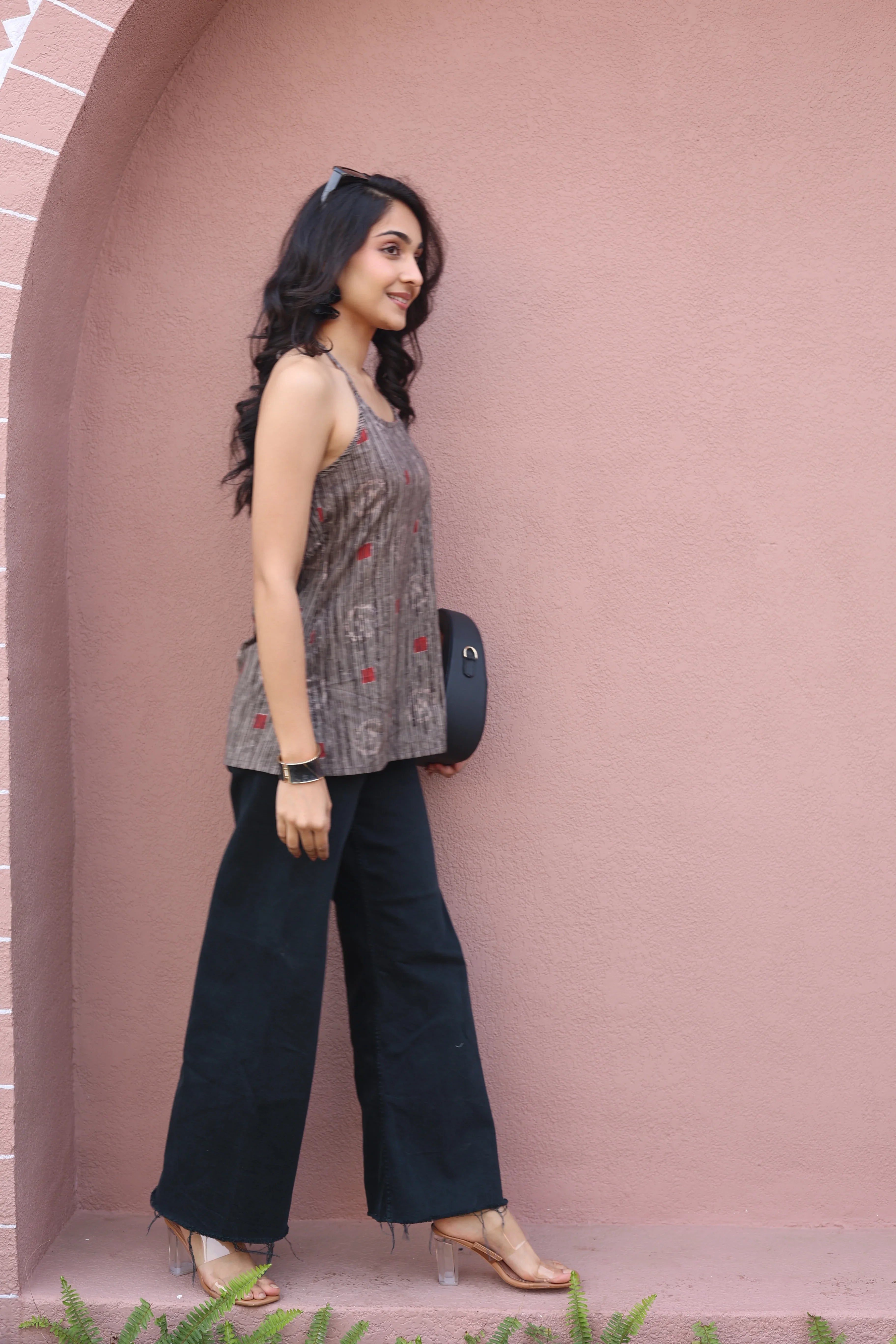 Red Geometric Print Cotton Round Neck Top for Women - SanskrutiHomes 