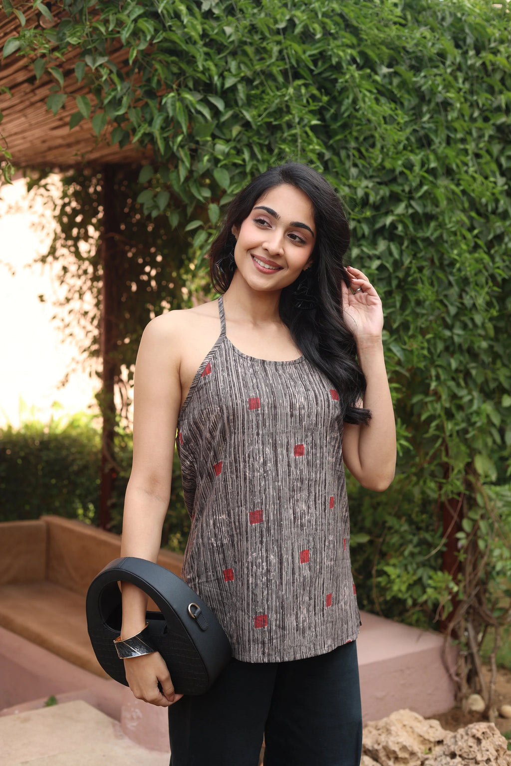 Red Geometric Print Cotton Round Neck Top for Women - SanskrutiHomes 