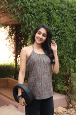 Red Geometric Print Cotton Round Neck Top for Women - SanskrutiHomes 