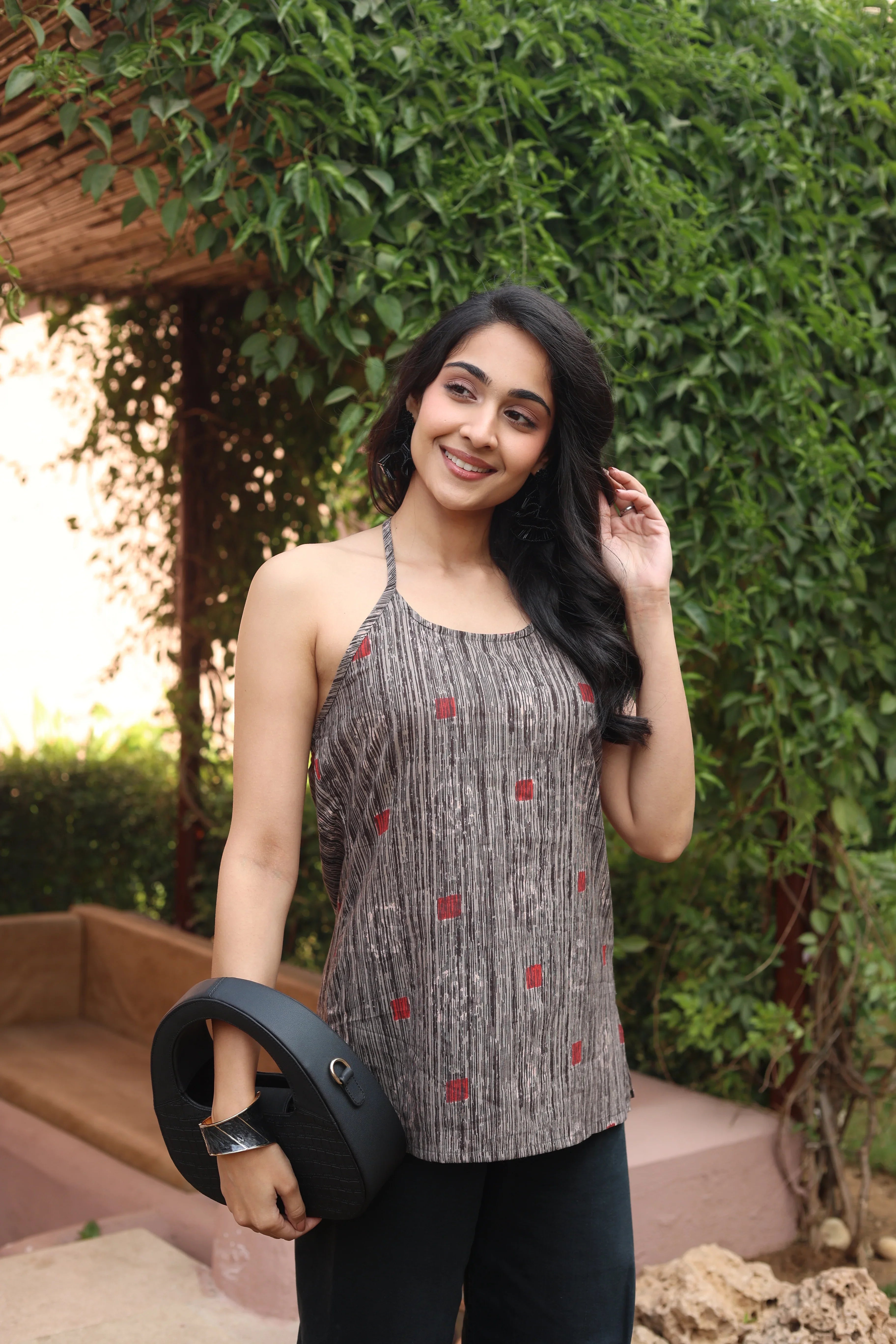 Red Geometric Print Cotton Round Neck Top for Women - SanskrutiHomes 