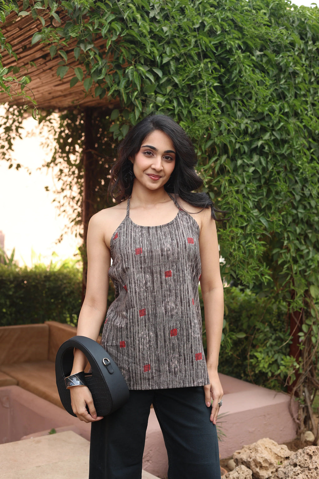 Red Geometric Print Cotton Round Neck Top for Women - SanskrutiHomes 