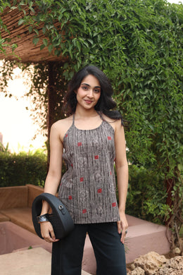 Red Geometric Print Cotton Round Neck Top for Women - SanskrutiHomes 