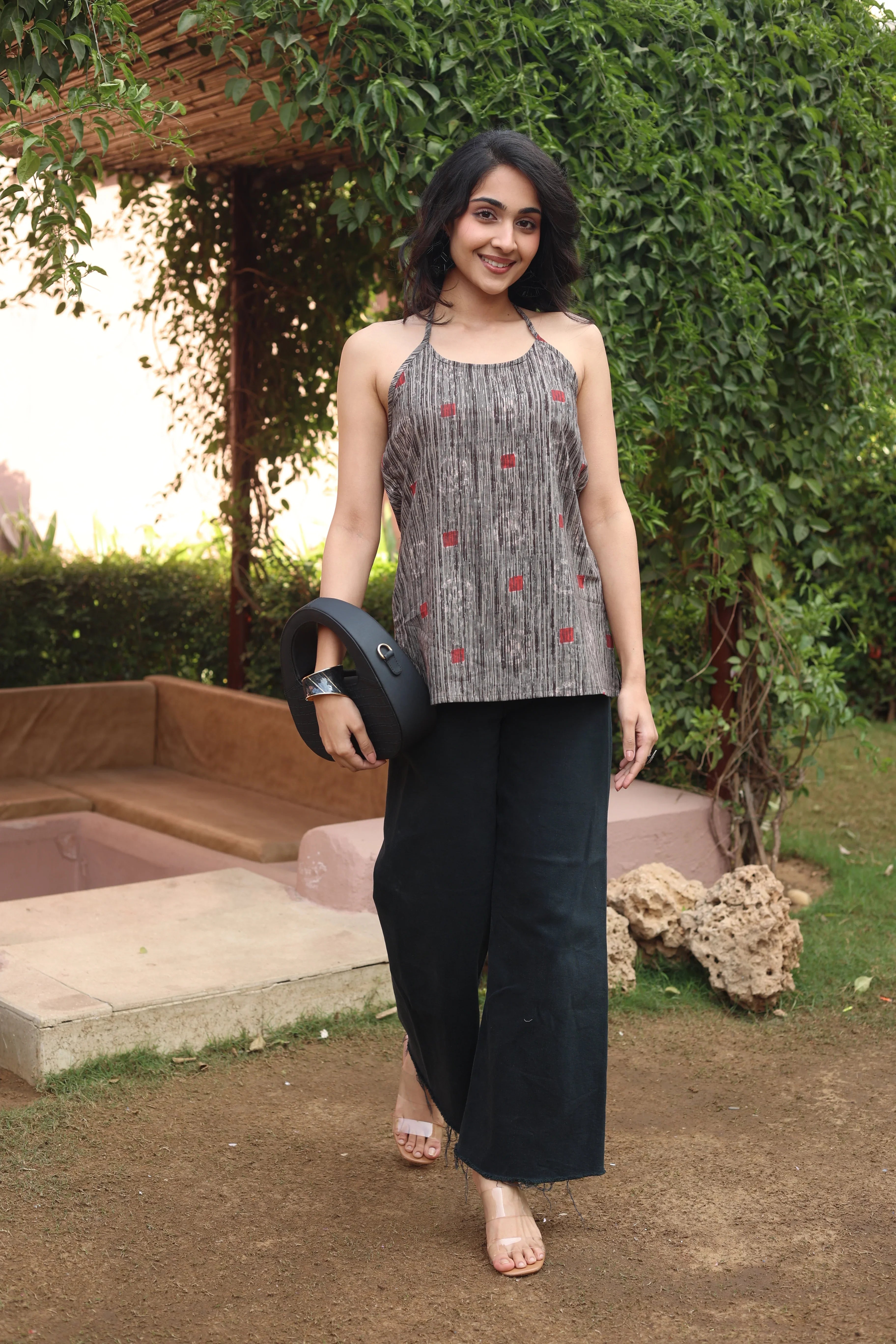 Red Geometric Print Cotton Round Neck Top for Women - SanskrutiHomes 