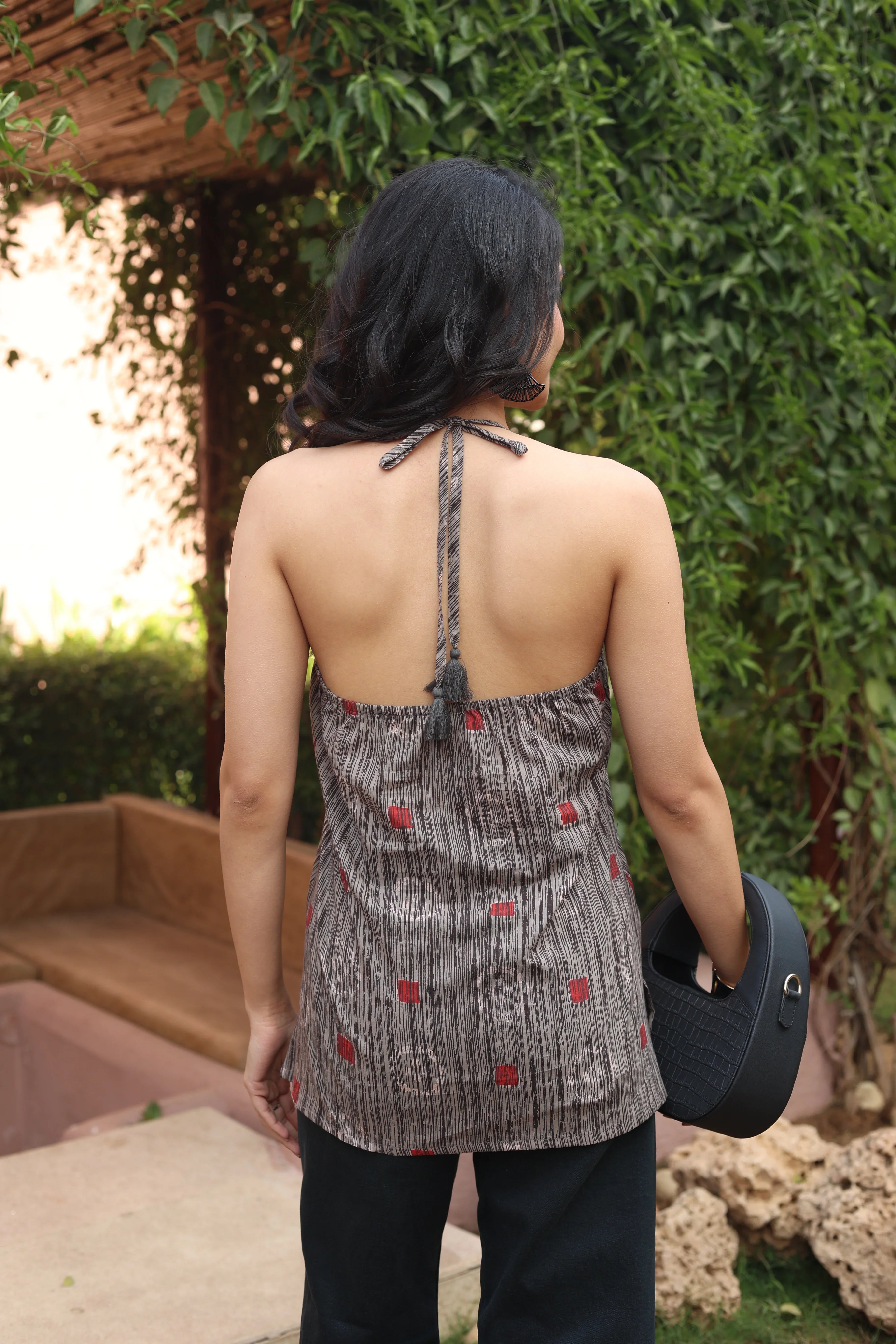 Red Geometric Print Cotton Round Neck Top for Women - SanskrutiHomes 