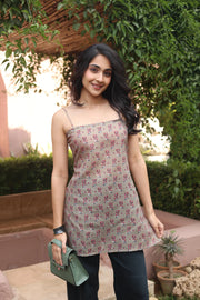 Brown Floral Cotton Shoulder Straps Top for Women - SanskrutiHomes 