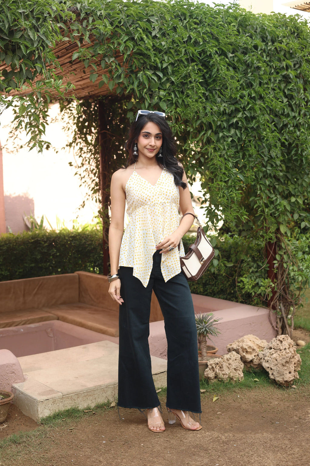 White Printed Cotton V-Neck Top for Women - SanskrutiHomes 