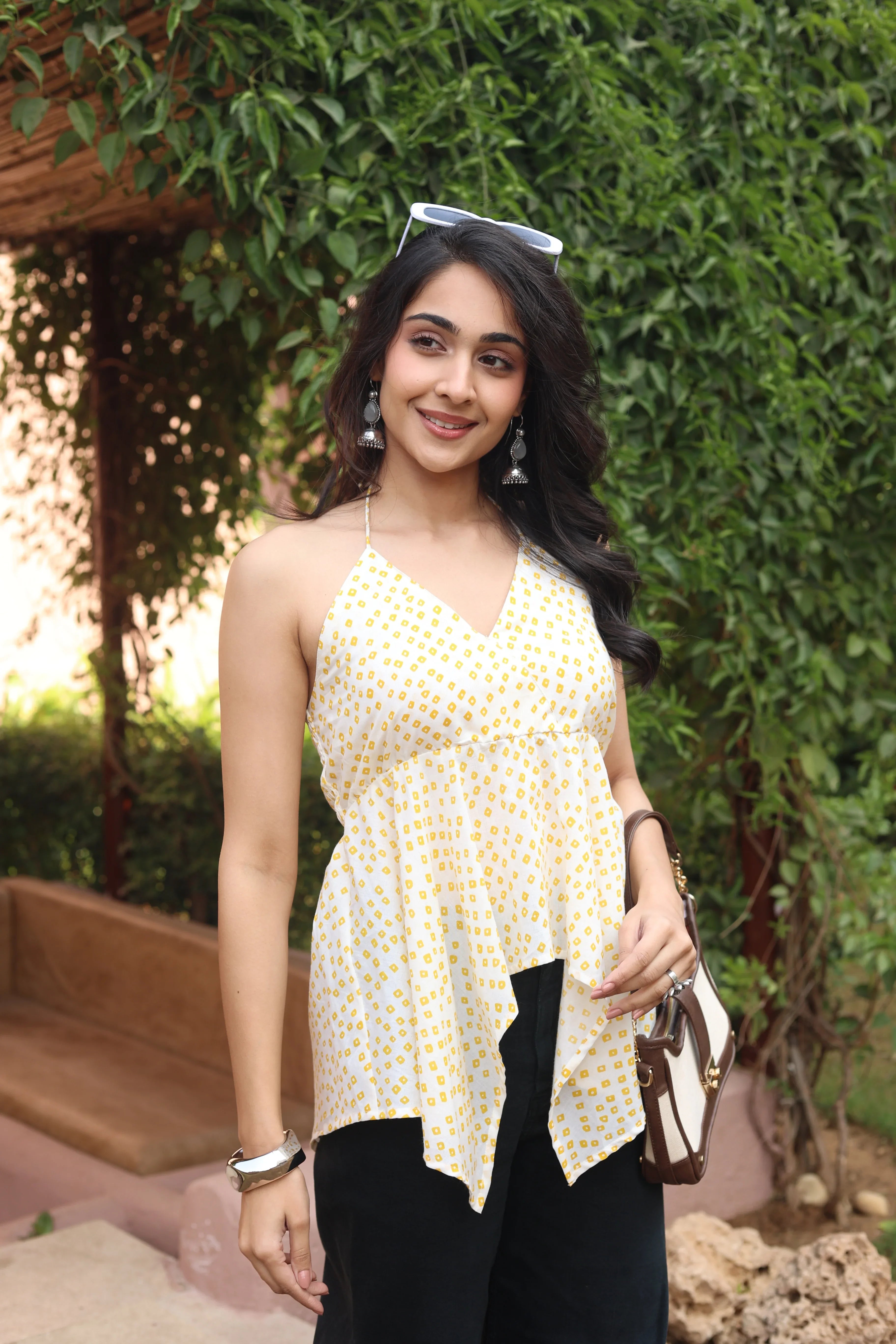 White Printed Cotton V-Neck Top for Women - SanskrutiHomes 