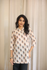 Cream Abstract Print Cotton V-Neck Top for Women - SanskrutiHomes 