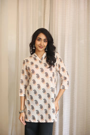 Cream Abstract Print Cotton V-Neck Top for Women - SanskrutiHomes 
