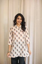 Cream Abstract Print Cotton V-Neck Top for Women - SanskrutiHomes 