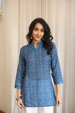 Blue Floral Print Cotton Round Neck Top for Women - SanskrutiHomes 