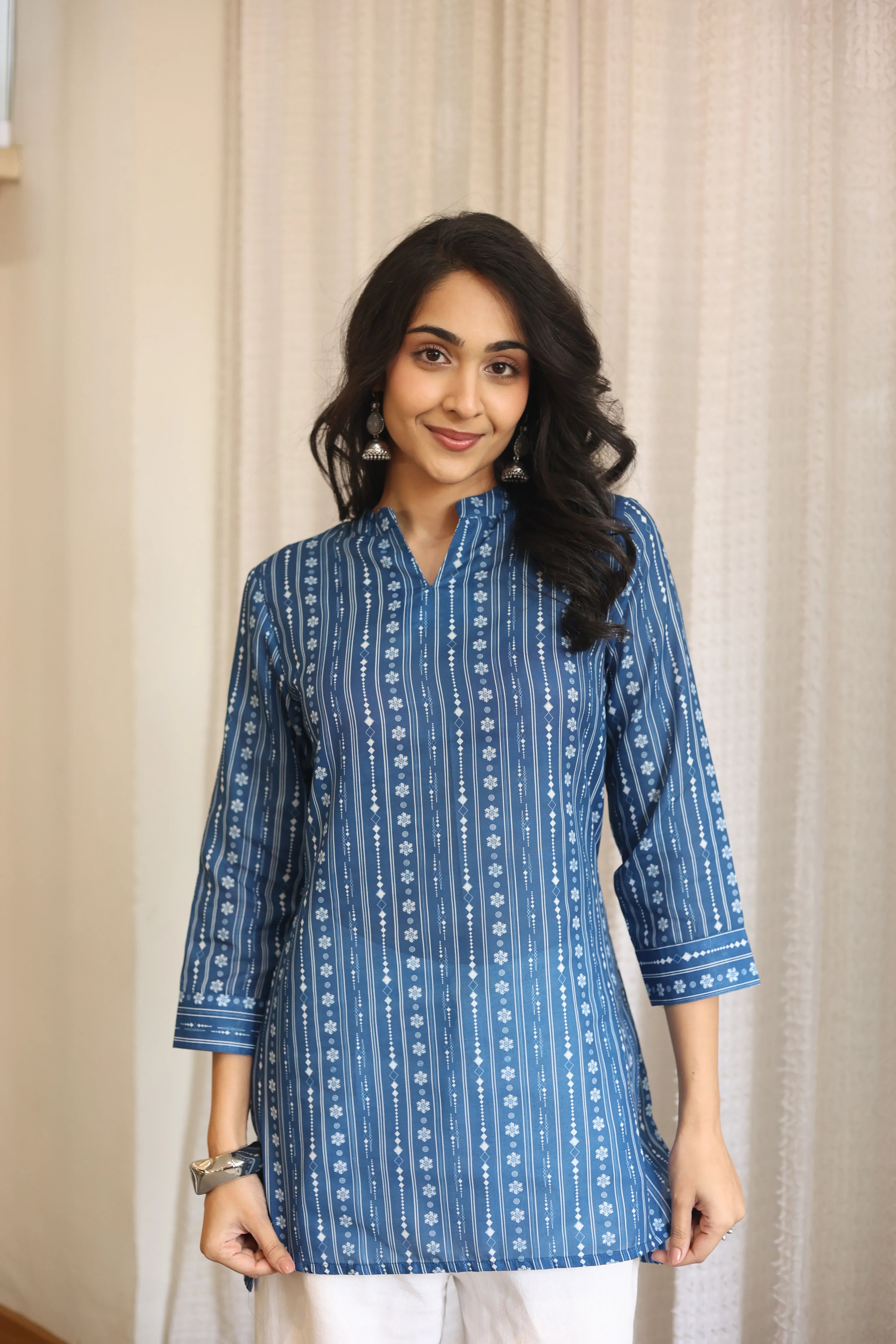 Blue Floral Print Cotton Round Neck Top for Women - SanskrutiHomes 