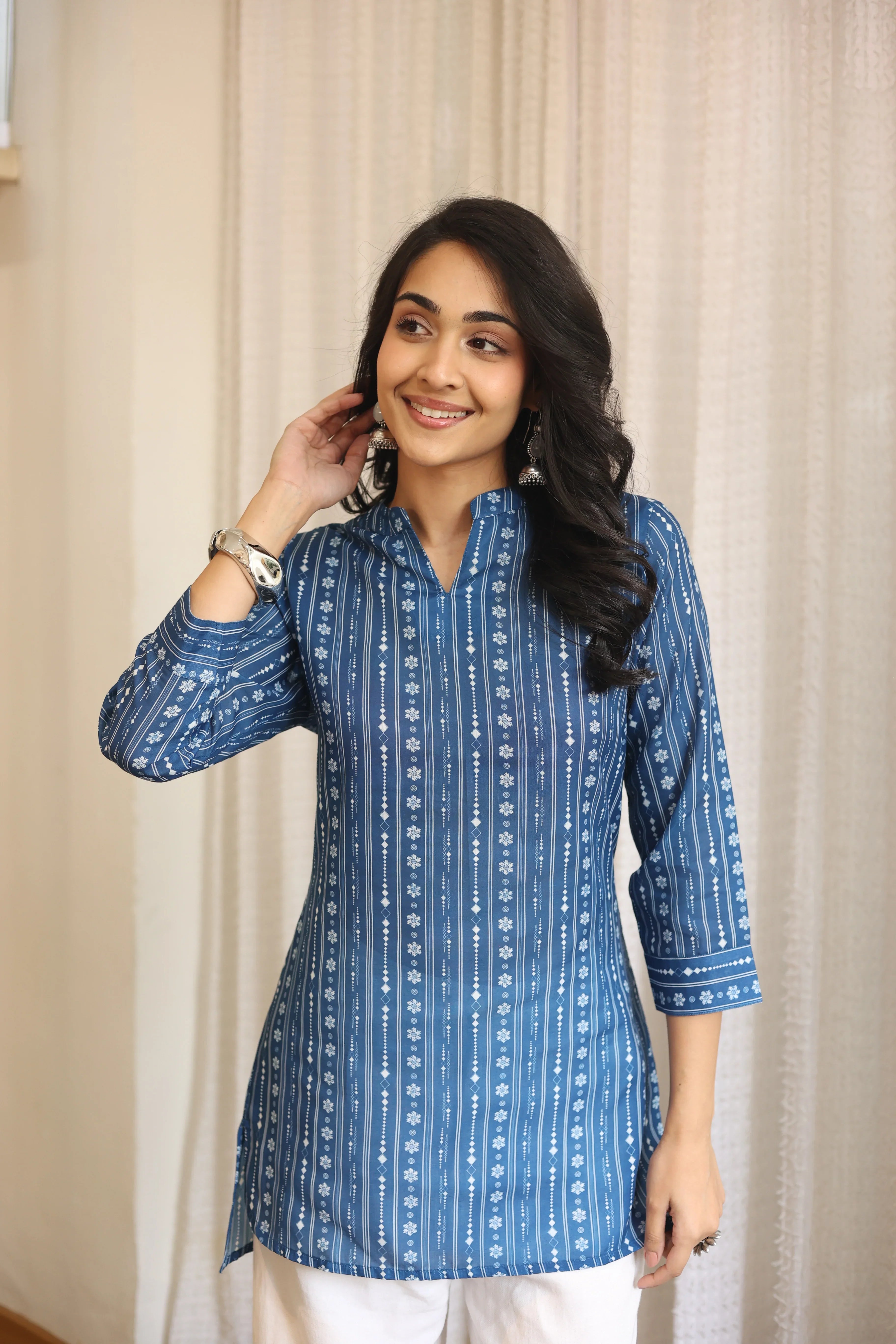 Blue Floral Print Cotton Round Neck Top for Women - SanskrutiHomes 