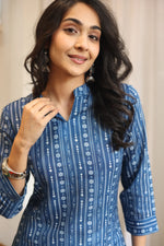 Blue Floral Print Cotton Round Neck Top for Women - SanskrutiHomes 