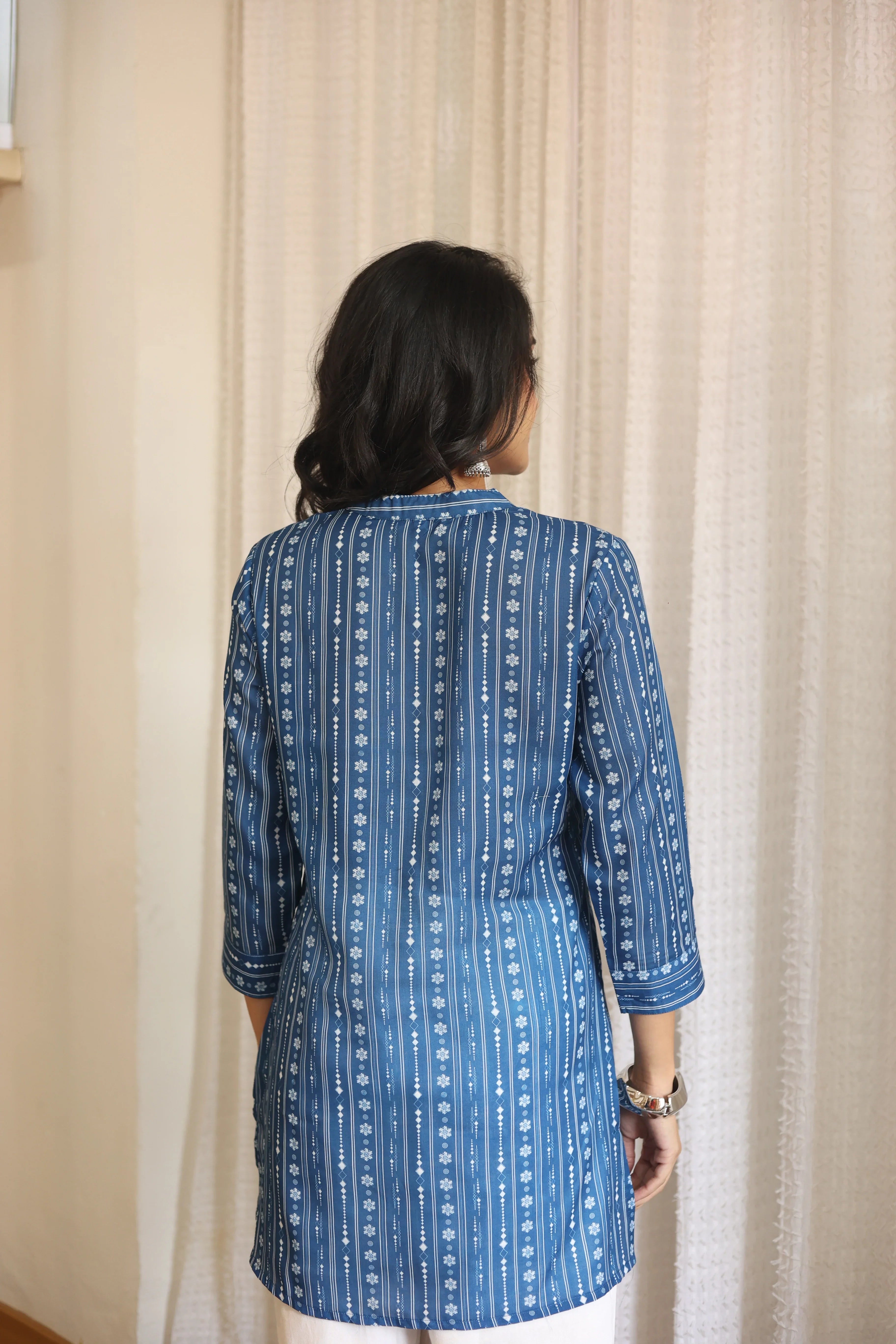 Blue Floral Print Cotton Round Neck Top for Women - SanskrutiHomes 