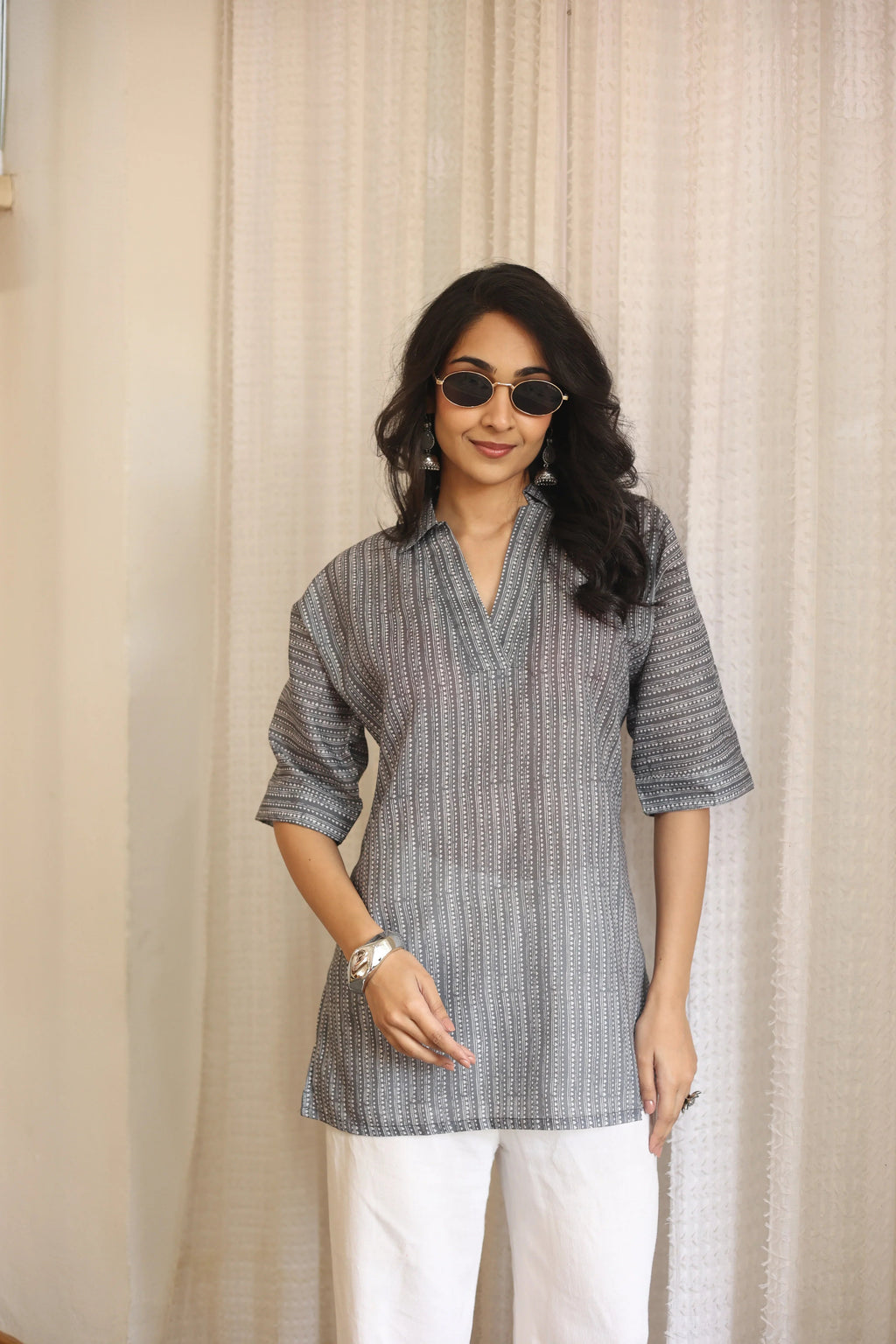 Grey Floral Print Cotton Shirt Collar Top for Women - SanskrutiHomes 